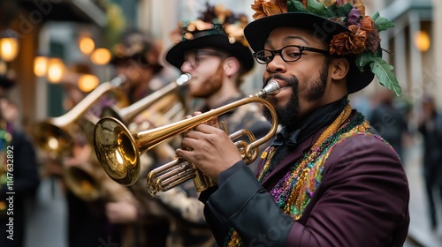A jazz musician playing a trumpet in a lively French Quarter street scene during Mardi Gras, wearing festive attire with colorful beads and floral hat decorations