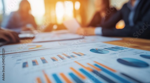 Wallpaper Mural A conference room at sunset, with businesspeople's silhouettes and documents on the table, evokes collaboration and focus, perfect for teamwork and strategy presentations. Torontodigital.ca