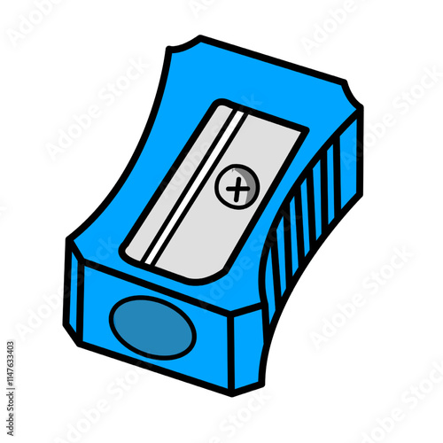 A close-up illustration of a blue pencil sharpener, isolated on a white background.