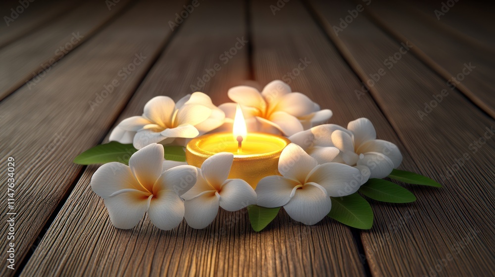 Lit candle surrounded by white flowers on wood. Lit candle surrounded by white flowers on wood.