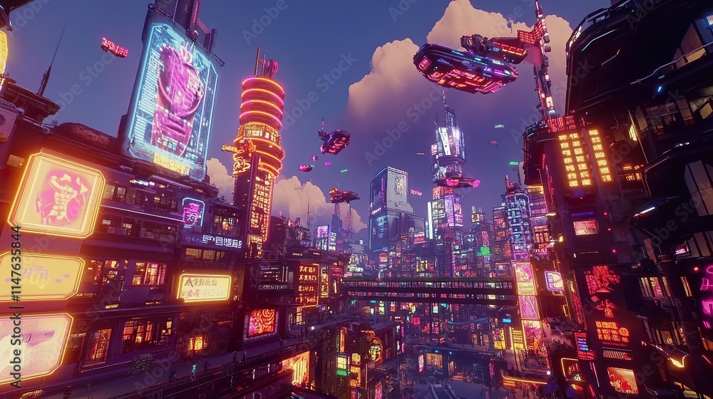 Futuristic city skyline at night with flying vehicles and vibrant neon lights. Futuristic city skyline at night with flying vehicles and vibrant neon lights.