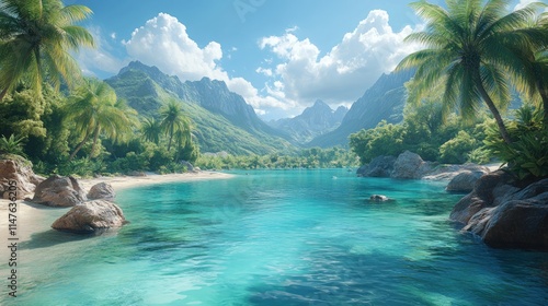 Fototapeta Naklejka Na Ścianę i Meble -  Tropical beach paradise; turquoise water, palm trees, mountains.