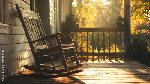 A weathered rocking chair sits on a porch bathed in warm autumn sunlight