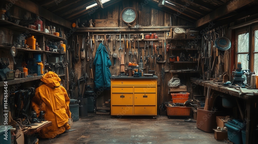 Fototapeta premium A rustic workshop filled with tools, equipment, and a vibrant yellow storage unit.