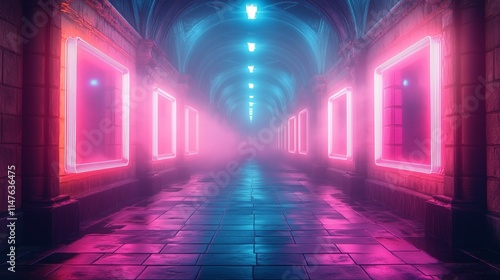 A glowing neon-lit hallway featuring vibrant pink and blue lights with misty smoke, creating a futuristic, modern backdrop perfect for graphic design.






