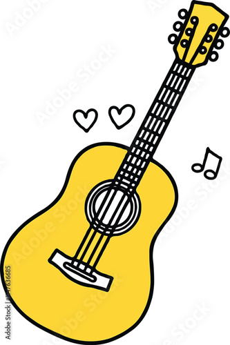 Beautiful guiter isolated vector illustration on white background with music notes.