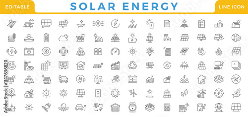 Solar energy, solar battery. Set of line icons in linear style. Renewable energy line icon set.