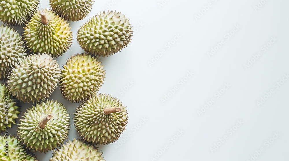 Pile of durians on a white background, overhead shot, bright and clean, sharp focus, high key lighting, minimalist style, natural colors Pile of durians on a white background, overhead shot, bright and clean, sharp focus, high key lighting, minimalist style, natural colors