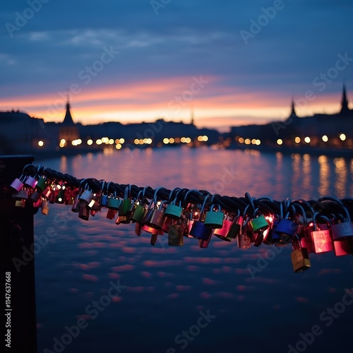 Love locks on bridge at sunset, city lights reflecting in water.