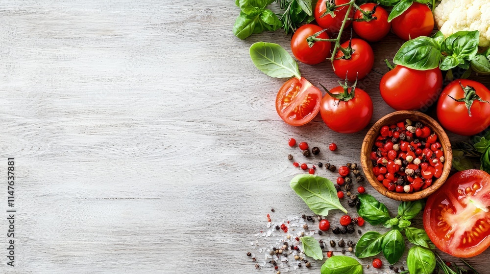 Fresh tomatoes, basil, cauliflower, peppercorns, and salt on a rustic wooden background. Fresh tomatoes, basil, cauliflower, peppercorns, and salt on a rustic wooden background.
