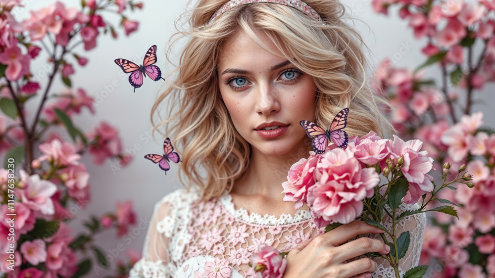 Fototapeta premium Elegant Woman Surrounded By Roses With Butterflies
