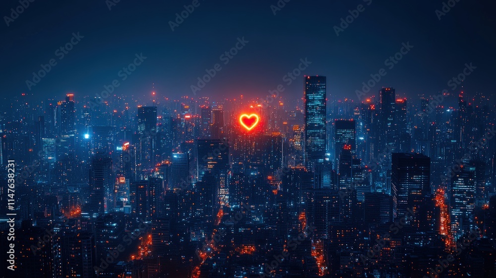 Fototapeta premium Night city lights; glowing heart.