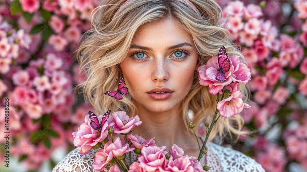 Fototapeta premium Elegant Woman Surrounded By Roses With Butterflies