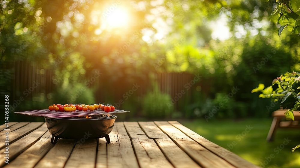 summer time in backyard garden with grill BBQ, wooden table, blurred background summer time in backyard garden with grill BBQ, wooden table, blurred background