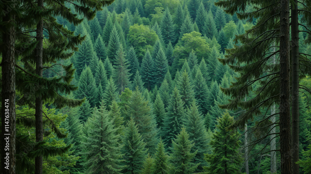 Lush Green Forest with Tall Trees in Vibrant Sunlight Lush Green Forest with Tall Trees in Vibrant Sunlight