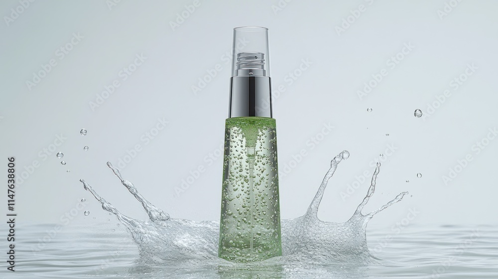 A green spray bottle splashes in water, suggesting freshness and hydration. A green spray bottle splashes in water, suggesting freshness and hydration.