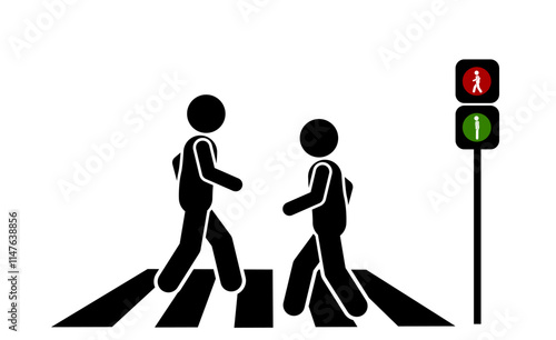  A stickman flat character illustration walking on a zebra crossing, with traffic lights showing walk or stop signals.