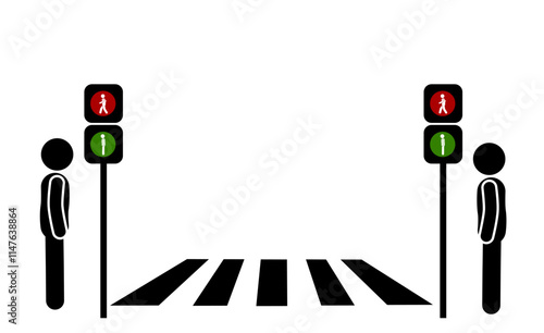  A stickman flat character illustration walking on a zebra crossing, with traffic lights showing walk or stop signals.
