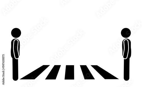  A stickman flat character illustration walking on a zebra crossing, with traffic lights showing walk or stop signals.