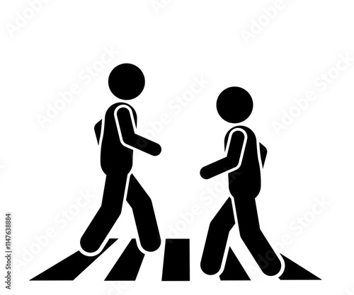  A stickman flat character illustration walking on a zebra crossing, with traffic lights showing walk or stop signals.