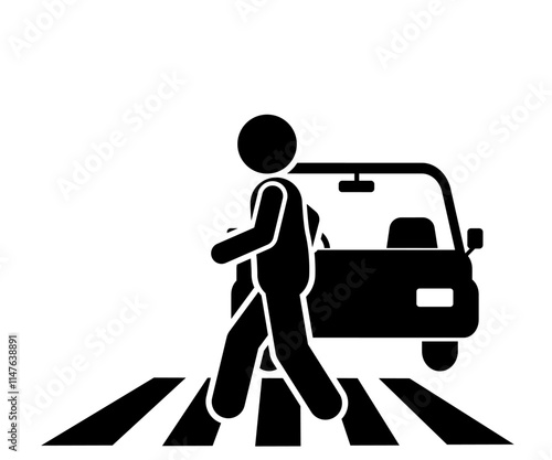  A stickman flat character illustration walking on a zebra crossing, with traffic lights showing walk or stop signals.