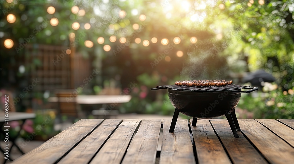 summer time in backyard garden with grill BBQ, wooden table, blurred background summer time in backyard garden with grill BBQ, wooden table, blurred background
