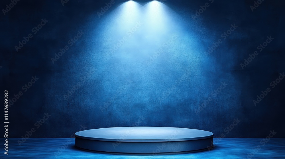Illuminated Blue Circular Platform Against Dark Wall Illuminated Blue Circular Platform Against Dark Wall