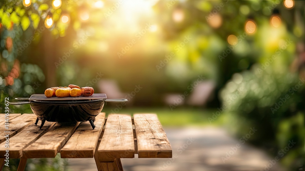 summer time in backyard garden with grill BBQ, wooden table, blurred background 