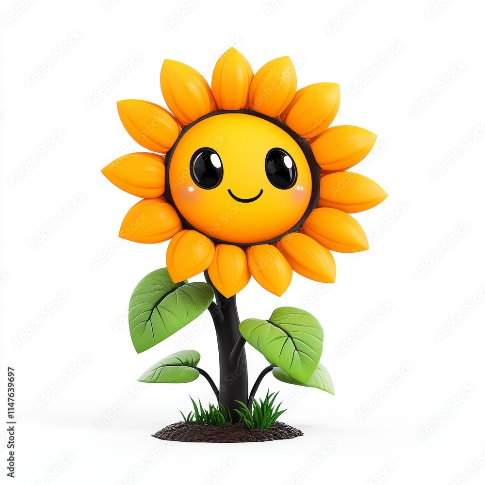 A cheerful, cartoonish sunflower with a smiling face, bright yellow petals, and green leaves, symbolizing happiness and positivity. A cheerful, cartoonish sunflower with a smiling face, bright yellow petals, and green leaves, symbolizing happiness and positivity.