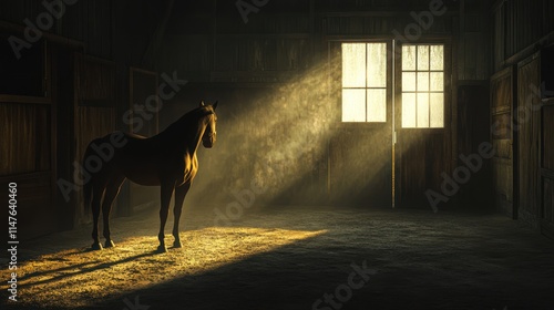 Lone horse in dimly lit stable, sunbeam through door.