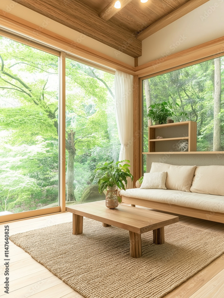 Serene Living Room Sanctuary: Embrace the tranquility of nature in this minimalist living room design. Bathed in natural light, the space features a cozy sofa, a low coffee table, and a bookshelf. Serene Living Room Sanctuary: Embrace the tranquility of nature in this minimalist living room design. Bathed in natural light, the space features a cozy sofa, a low coffee table, and a bookshelf.