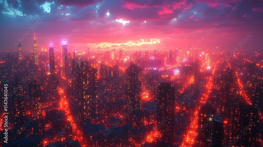 Fototapeta premium Night city skyline, red and pink sunset.