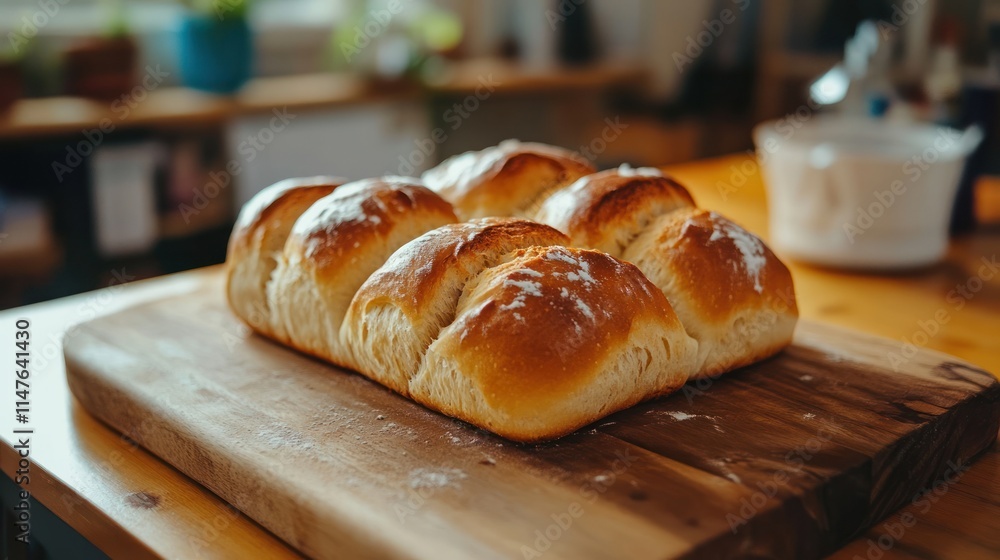 Freshly baked golden brown dinner rolls bread served on wooden board. Freshly baked golden brown dinner rolls bread served on wooden board.