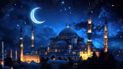 Majestic mosque at night under crescent moon and starry sky. photo