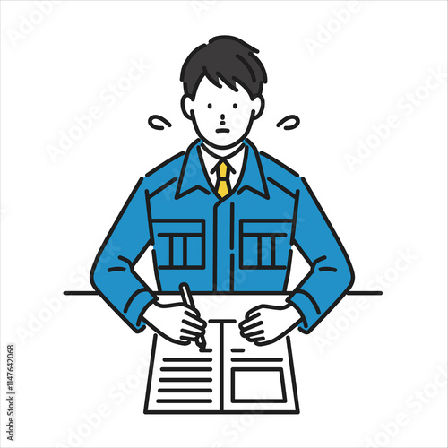 書類を書いている作業服を着た男性のイラスト