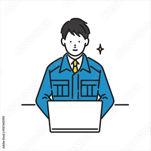 イラスト素材：作業服を着てパソコン作業をする若い男性