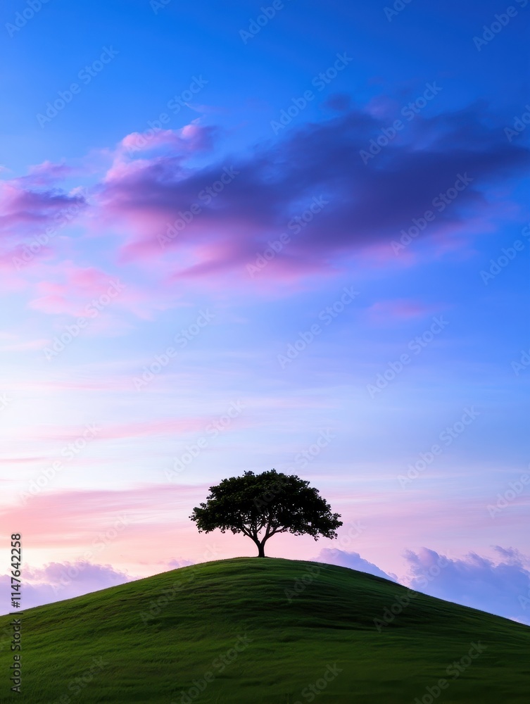 Serene sunset over isolated tree rolling hill landscape nature photography tranquil environment aerial view peaceful concept Serene sunset over isolated tree rolling hill landscape nature photography tranquil environment aerial view peaceful concept
