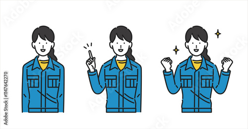 イラスト素材：作業服を着た若い女性の表情セット