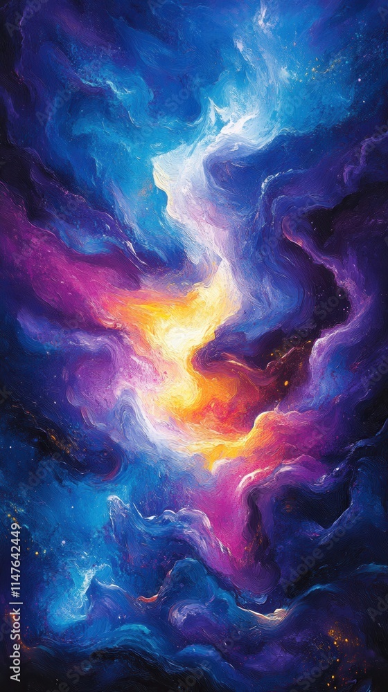 Fototapeta premium A vibrant cosmic scene showcasing swirling colors of blue, purple, and orange, evoking the beauty of the universe.