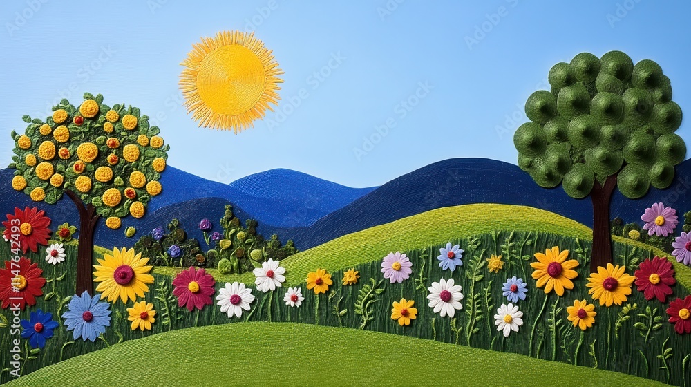 Naklejka premium Vibrant blooming flowers and trees scenic hills nature illustration sunny day colorful landscape artistic view