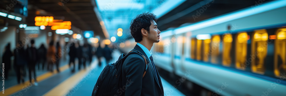 man stands at train station, waiting for high speed train to arrive man stands at train station, waiting for high speed train to arrive