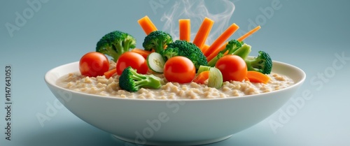 A bowl of oatmeal accompanied by various vegetables photo