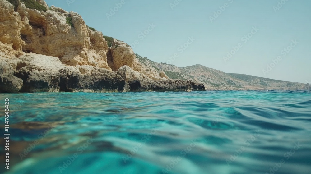 Naklejka premium Crystal-clear turquoise water near a rocky coast on a sunny day.