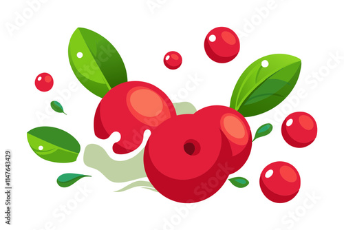 Cranberry in a Splash of Juice: Realistic Transparent Vector Set with Leaves