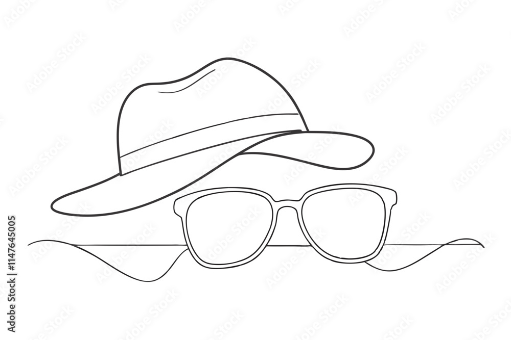 Sunglasses with Thin Metal Frame and Summer Hat by the Shore Sunglasses with Thin Metal Frame and Summer Hat by the Shore