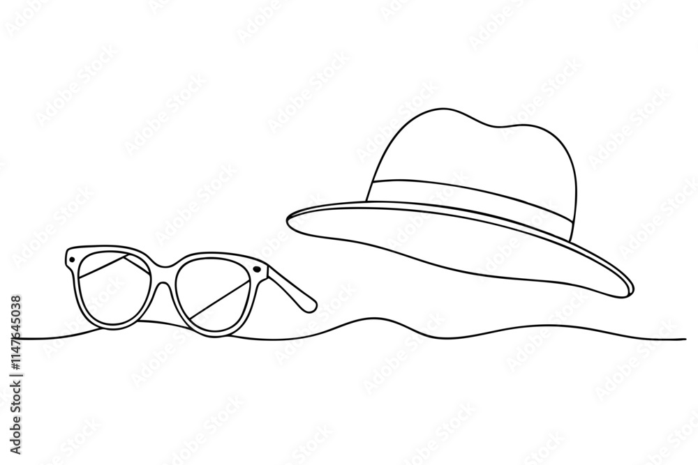 Sunglasses with Thin Metal Frame and Summer Hat by the Shore Sunglasses with Thin Metal Frame and Summer Hat by the Shore