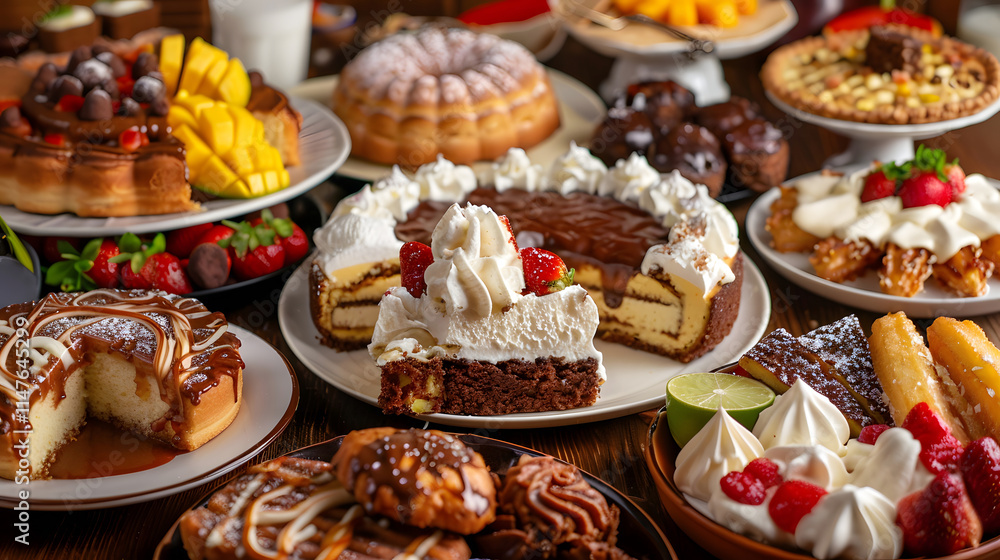 Assorted desserts on a buffet table including cakes and pastries Assorted desserts on a buffet table including cakes and pastries