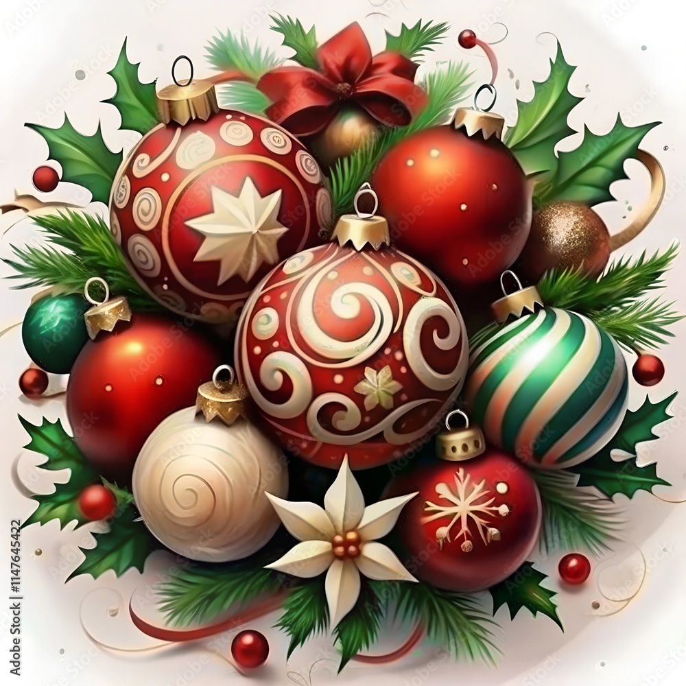 Festive Christmas Ornaments with a Joyful Mood in Classic Red and White Against a Cheerful Holiday Background Festive Christmas Ornaments with a Joyful Mood in Classic Red and White Against a Cheerful Holiday Background