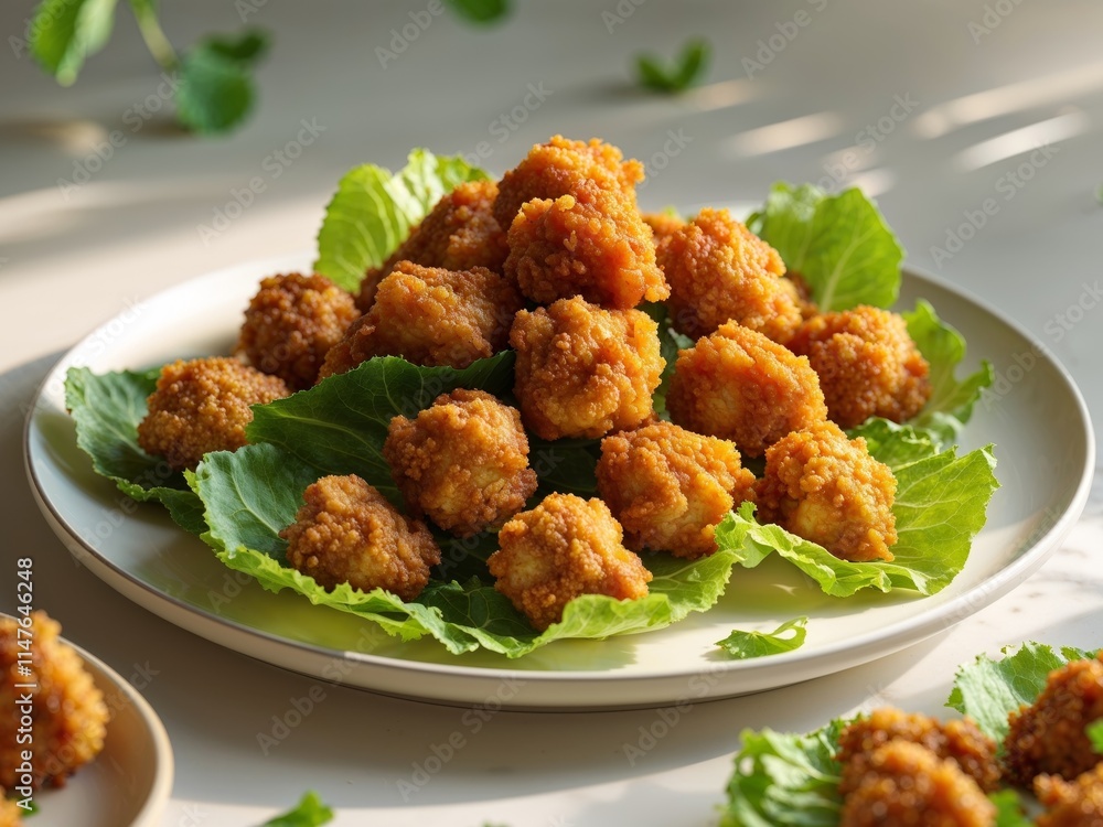 Delicious Sweet and Sour Chicken Bites on a Plate with Fresh Lettuce Delicious Sweet and Sour Chicken Bites on a Plate with Fresh Lettuce
