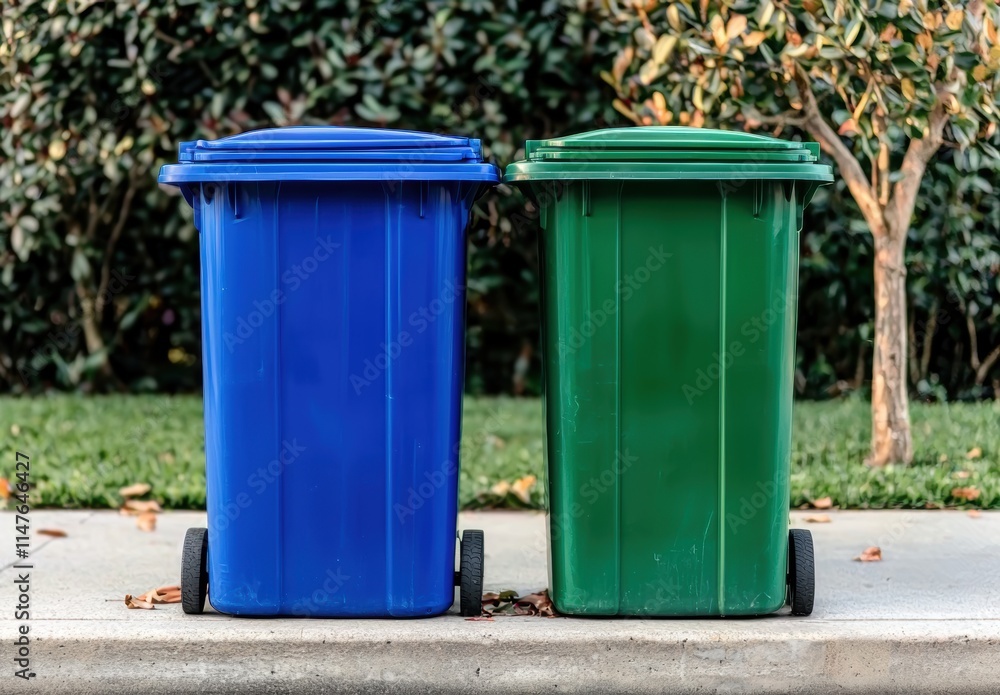 Colorful recycling bins on sidewalk in urban garden setting Colorful recycling bins on sidewalk in urban garden setting